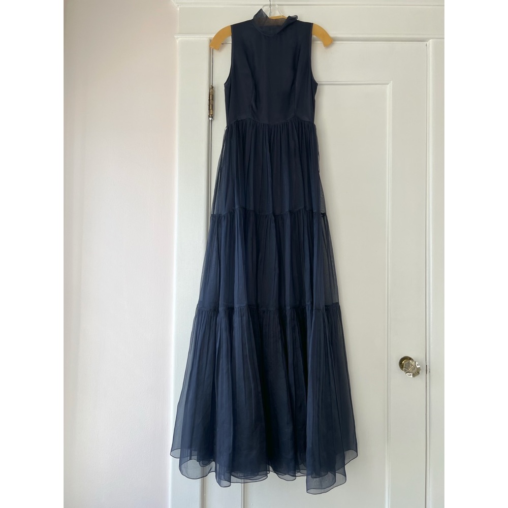 Morgane Le Fay Tiered Gown in Midnight Blue Silk Chiffon